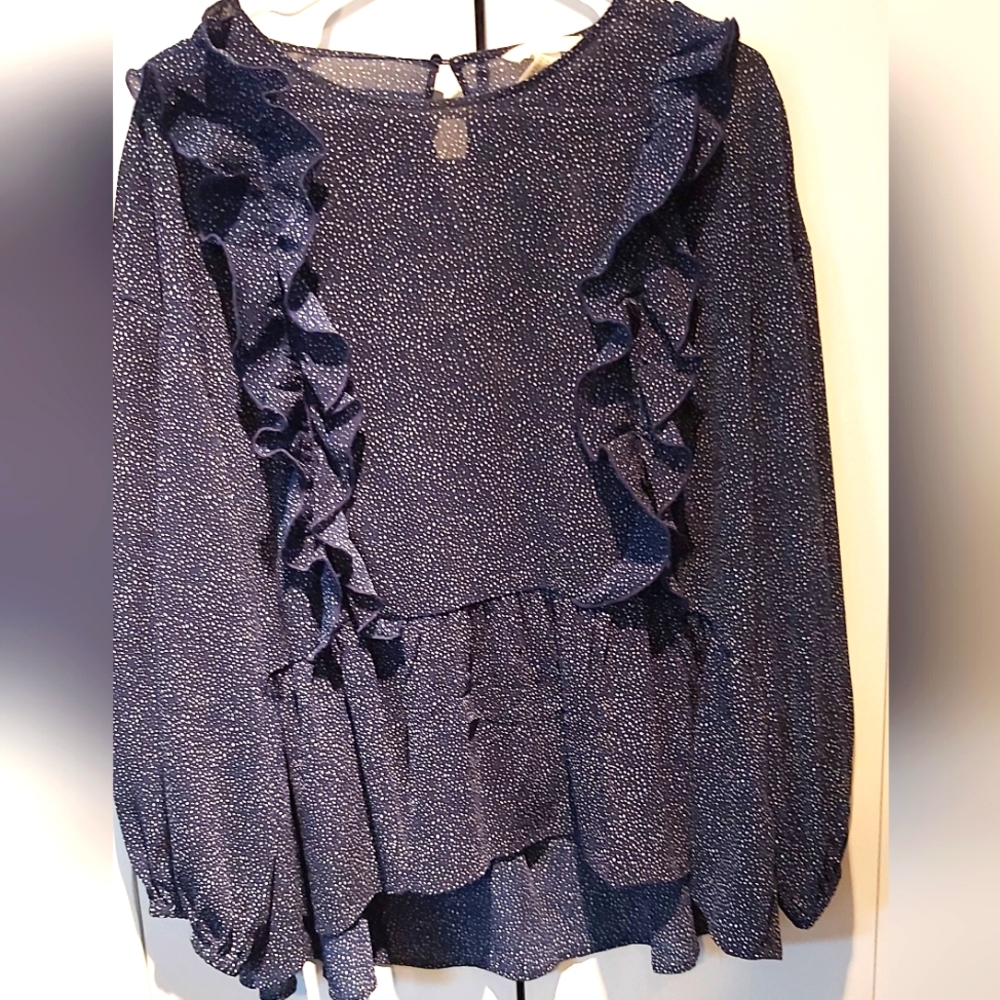H&M Blue & White Polka Dot Ruffled Long Sleeve Blouse Size 14